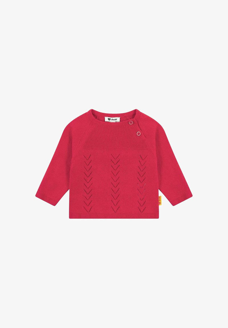 Suéter rojo de punto con mangas largas, que presenta un cuello acanalado y patrones decorativos en forma de cheurón. Dos botones en el hombro para cierre.