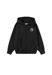 Felpa nera con zip realizzata in tessuto morbido, dotata di una tasca frontale e di una grafica bianca di un pallone da basket sul lato sinistro del petto.