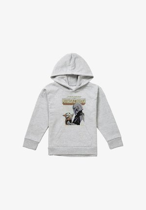 Hellgrauer Hoodie mit einer Grafik von Mandalorianer und Baby Yoda auf der Vorderseite und dem Text "Star Wars The Mandalorian" darüber.