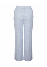 Lichtblauwe en witte gestreepte wijde broek met een elastische tailleband, gemaakt van een zachte stof, met een gladde textuur en rechte snit.