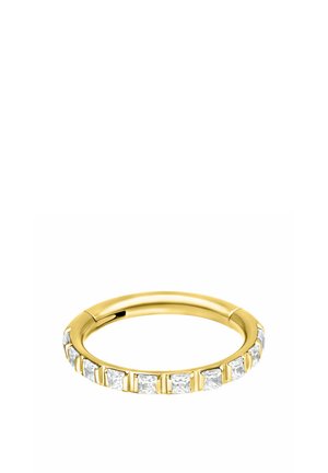 Gold hoop earring with a row of square-cut clear gemstones set along the outer edge.