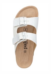 Weiße Sandalen mit zwei verstellbaren, glitzernden silbernen Riemen und einem Korkfußbett. verfügt über ein glattes Obermaterial und eine strukturierte Sohle. Mit Markenlogo versehen.