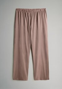 Rekbare, zachtroze broek met een brede elastische tailleband, enkel-lengte, gladde textuur en losse pasvorm.