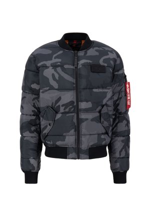 Gevoerde bomberjack in grijs camouflage met zwarte ribgebreide boorden en zoom. Voorzien van een rits aan de voorkant, zijzakken en een logo-opdruk op de borst.