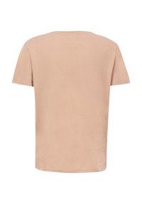 Lys beige kortærmet t-shirt, rund halsudskæring, blødt bomuldsstof, lige pasform og en ren kanting uden mønstre eller grafik.
