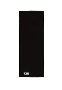 Black tubular neck warmer made of stretchable fabric. Features a woven logo label at the bottom. Smooth texture with no patterns.