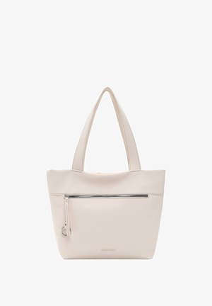 Beige Leder-Shopper mit zwei oberen Griffen und einer vorderen Reißverschlusstasche. Glatte Textur, minimalistisches Design, dezentes Logo-Detail am Boden.