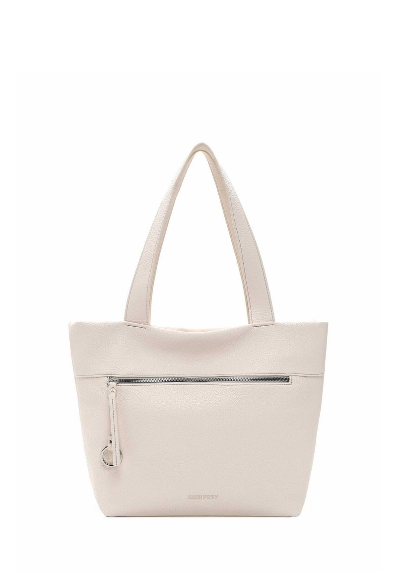 Sac fourre-tout en cuir beige avec deux poignées supérieures et une poche zippée à l'avant. Texture lisse, design minimaliste, détail de logo subtil en bas.