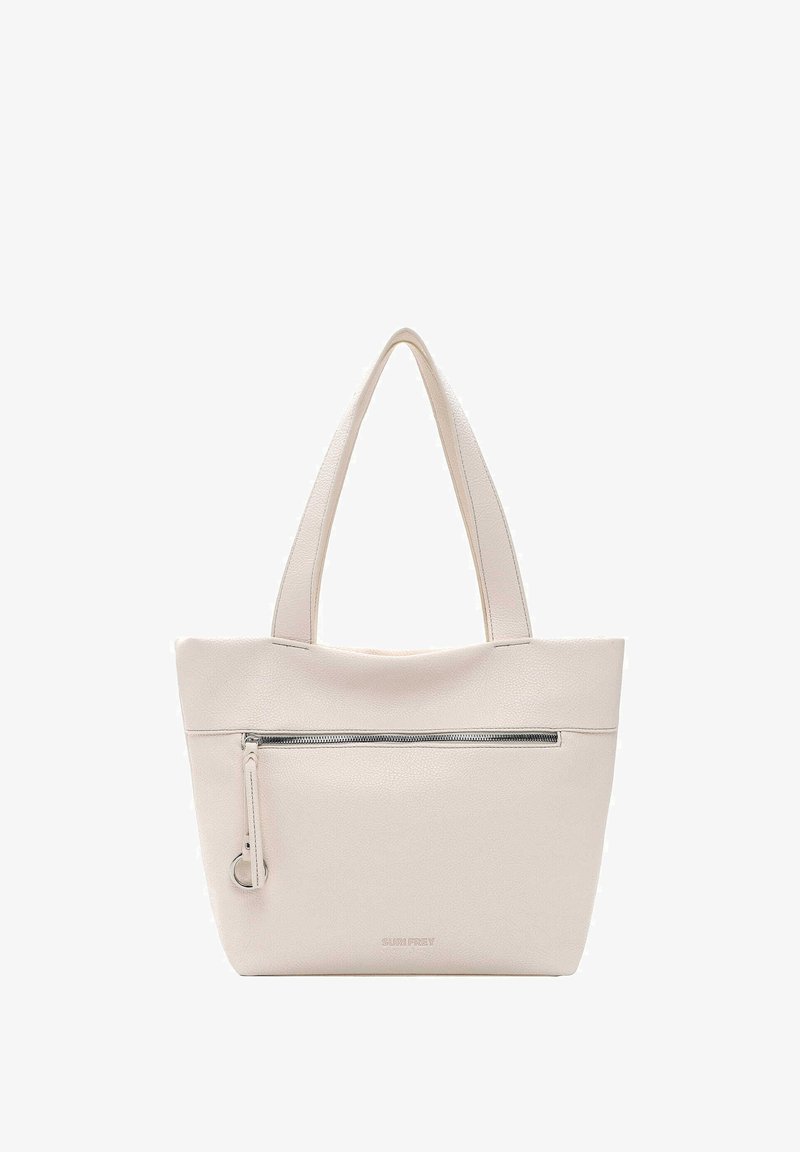 Borsa tote in pelle beige con due manici superiori e una tasca anteriore con zip. Texture liscia, design minimalista, dettaglio del logo discreto nella parte inferiore.