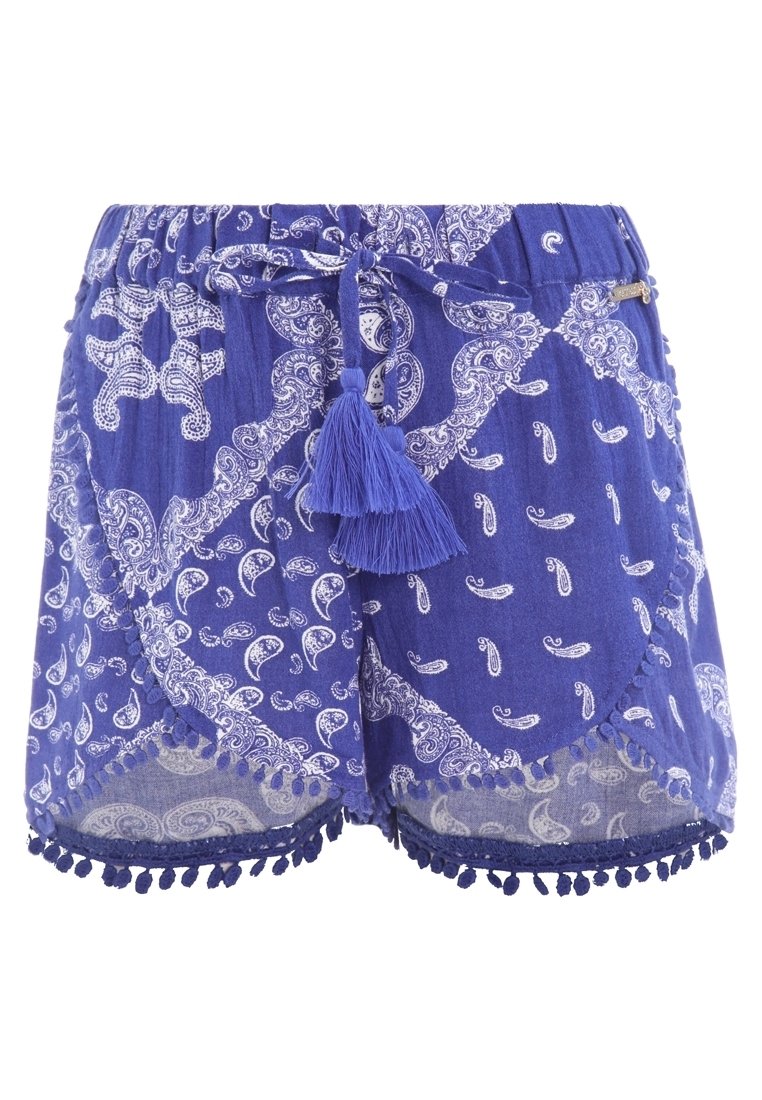 Fioletowe spodenki z wzorem paisley, elastycznym pasem i wiązaniem z niebieskim frędzlem. Posiadają dół ozdobiony niebieskimi pomponami.