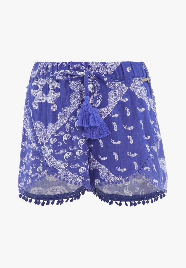 Fioletowe spodenki z wzorem paisley, elastycznym pasem i wiązaniem z niebieskim frędzlem. Posiadają dół ozdobiony niebieskimi pomponami.
