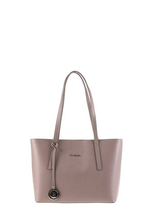 Gray leather tote bag with two long handles, a round metallic accent, smooth texture, and minimalist design. Features embossed logo.