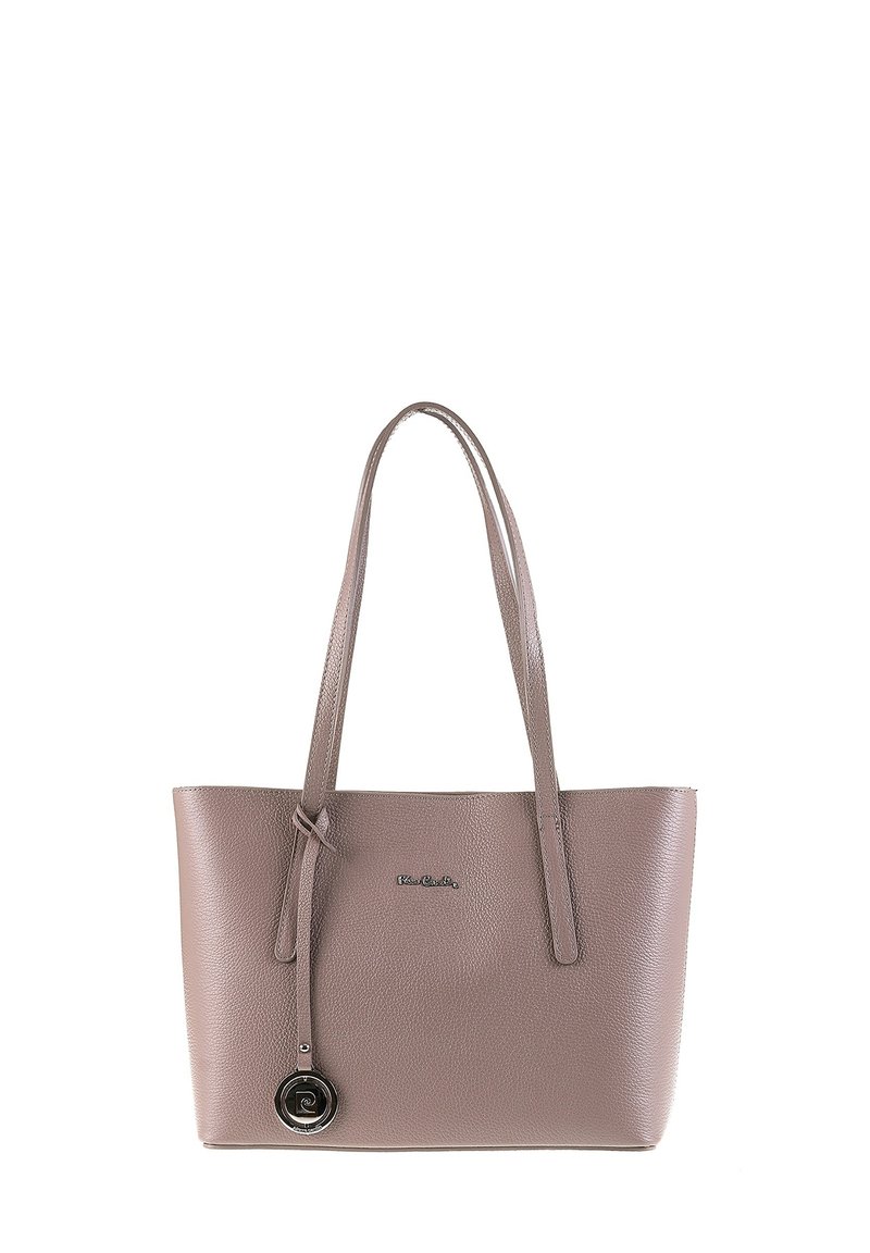 Sac fourre-tout en cuir gris avec deux longues poignées, un accent métallique rond, une texture lisse et un design minimaliste. Comprend un logo en relief.