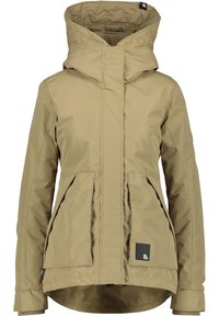 Veste kaki avec un col haut, une capuche matelassée, deux poches avant et un ourlet l�égèrement incurvé. Fabriquée en tissu lisse et résistant à l'eau.