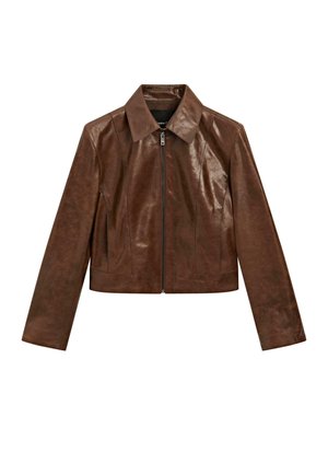 Brown leather cropped jacket with a pointed collar, front zip closure, long sleeves, and subtle seam details. Smooth texture with a glossy finish.
