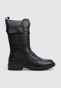 Black leather lace-up boot with a smooth texture, ankle height, rounded toe, side buckle detail, and a flat rubber sole.