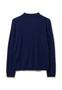 Pull en col montant bleu marine à manches longues. Texture lisse et design simple et épuré. Aucun motif ou accent visible.