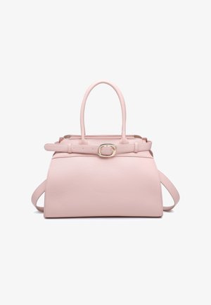 Light pink textured leather handbag with top handles, a detachable shoulder strap, and a belt with a gold-tone buckle across the top.