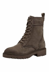 Bottine en daim marron avec un design à lacets, bout rond et semelle en caoutchouc crantée. Comprend des accents de couture et une languette pour un enfilage facile.
