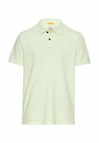 Polo vert clair à manches courtes avec col boutonné et petit logo embossé sur la poitrine gauche.