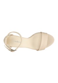 Beige high-heeled sandal with a wide front strap and thin ankle strap. Smooth synthetic material with a minimalist design. Buckle closure.