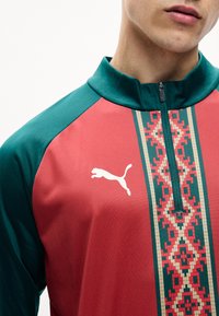 Vyras dėvi žalią ir raudoną sportinį viršutinį drabužį su užtrauktuku, su pikseline raštuota juostele ir baltu Puma logotipu ant krūtinės.