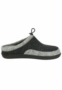 Vilt slipper met een zwart en grijs kleurenschema, gekenmerkt door een klittenbandsluiting, een ronde neus en een textuur oppervlak. Rubberen zool.