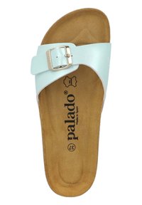 Sandaletta blu chiaro con fibbia metallica, caratterizzata da una parte superiore testurizzata, soletta in pelle e una suola marrone curvata. Branding "Palado" visibile.