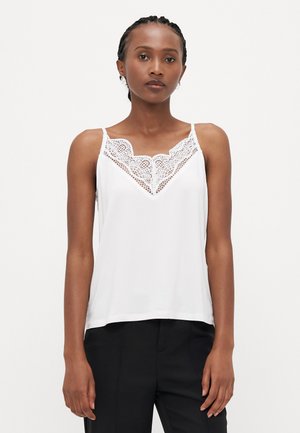 White sleeveless top with a lace accent at the neckline, made of smooth fabric, featuring a relaxed fit and straight hem.