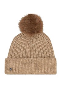 Beige chunky knit beanie with folded cuff and large fluffy pom-pom on top, featuring small round metal logo on cuff edge.