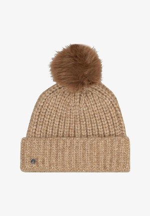 Beige paks joontega kootud beanie, millel on volditud serv ja suur kohevad pom-pom üleval, mille serval on väike ümmargune metallkiri.