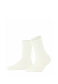Weiße Baumwoll-Crew-Socken mit einer weichen Textur, die ein Muster aus kleinen rosa dreieckigen Formen aufweisen. Ribbed Bund an der Oberseite.