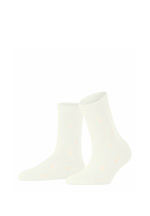 Weiße Baumwoll-Crew-Socken mit einer weichen Textur, die ein Muster aus kleinen rosa dreieckigen Formen aufweisen. Ribbed Bund an der Oberseite.