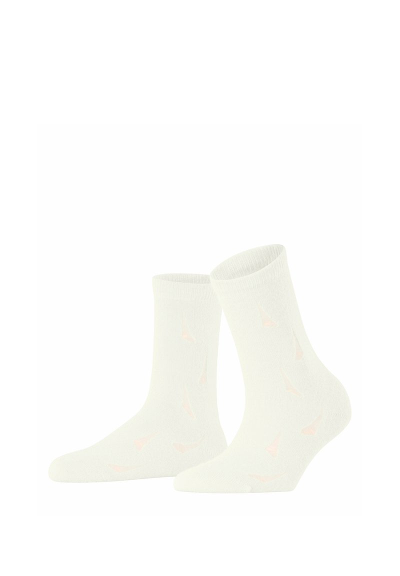 Weiße Baumwoll-Crew-Socken mit einer weichen Textur, die ein Muster aus kleinen rosa dreieckigen Formen aufweisen. Ribbed Bund an der Oberseite.