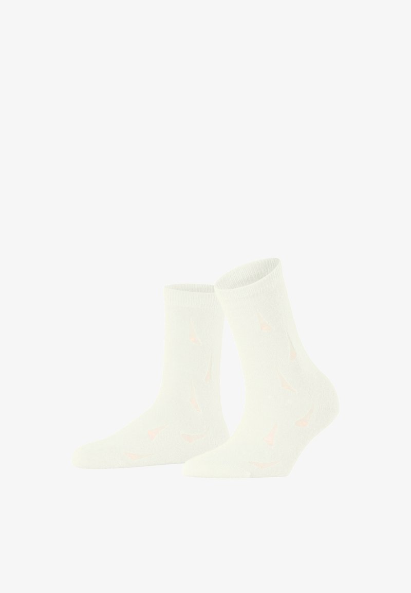 Weiße Baumwoll-Crew-Socken mit einer weichen Textur, die ein Muster aus kleinen rosa dreieckigen Formen aufweisen. Ribbed Bund an der Oberseite.