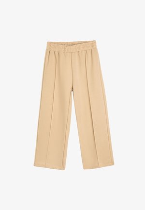 Beige weite Hose mit Rippbund, ausgestattet mit markanten Vorderfalten und einer weichen Textur für hohen Tragekomfort.
