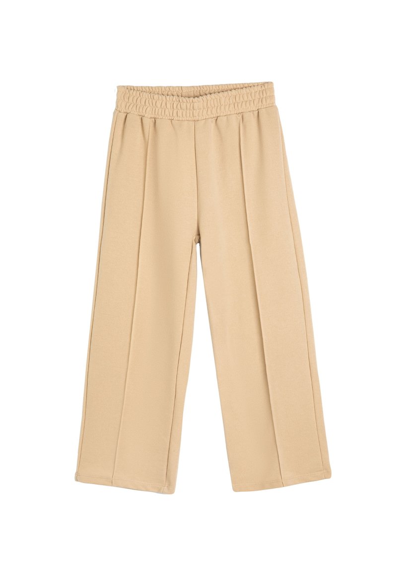 Beige wijde broek met een gesmokte tailleband, voorzien van duidelijke plooien aan de voorkant en een zachte textuur voor comfort.