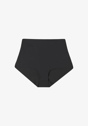 Culotte negra de cintura alta con una textura suave, que presenta un diseño sencillo y sin herrajes o patrones prominentes.