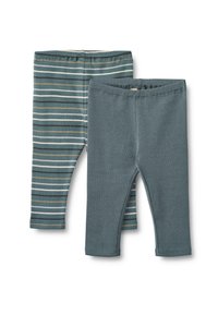Zwei Paare Kinderleggings: ein einfarbiges, dunkles Petrol und das andere mit Streifen in Petrol und Creme. Weicher, dehnbarer Stoff mit elastischen Taillenbündchen.