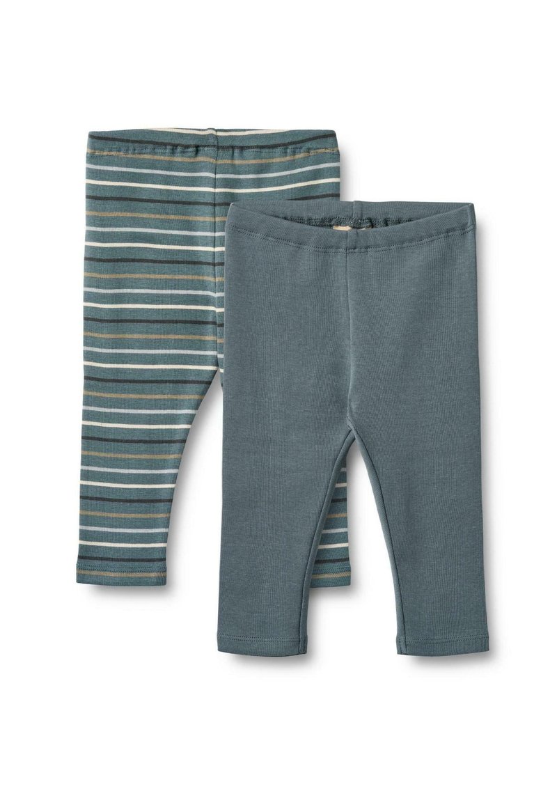 Zwei Paare Kinderleggings: ein einfarbiges, dunkles Petrol und das andere mit Streifen in Petrol und Creme. Weicher, dehnbarer Stoff mit elastischen Taillenbündchen.