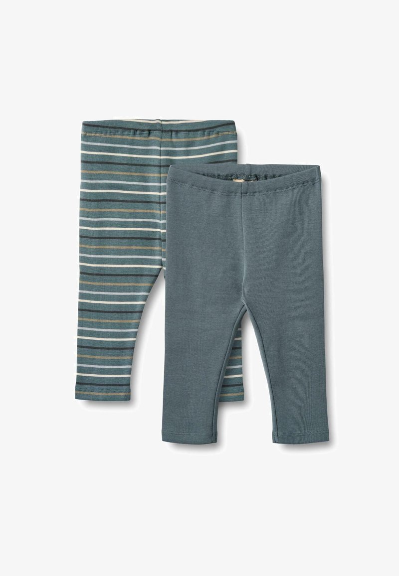 Zwei Paare Kinderleggings: ein einfarbiges, dunkles Petrol und das andere mit Streifen in Petrol und Creme. Weicher, dehnbarer Stoff mit elastischen Taillenbündchen.