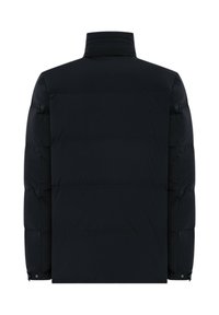 Giacca a vento nera unita, con colletto alto, design trapuntato e polsini con bottoni. La parte frontale non è visibile; focus sulla vista posteriore.