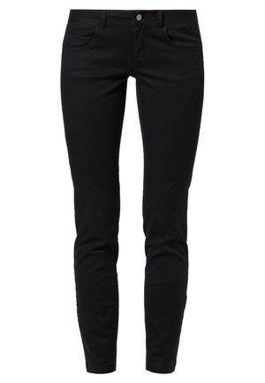 Sorte slimfit jeans med frontknap og lynlås, to forlommer og to baglommer, vist mod en hvid baggrund.