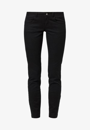 Jeans negros ajustados con botonadura y cremallera frontal, dos bolsillos delanteros y dos traseros, mostrados sobre un fondo blanco.