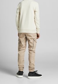 Pantalons cargo beiges avec poches latérales et poignets élastiques, associés à un sweat-shirt crème. Des baskets noires avec des semelles blanches complètent le look.