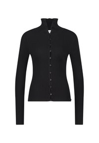 Zwarte geribbelde cardigan met lange mouwen, hoge kraag en sluiting met knopen aan de voorkant, slim fit en rekbare stof.