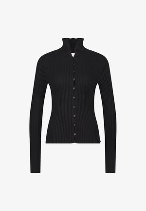 Schwarze, gerippte Langarm-Cardigan mit hohem Kragen und Knopfverschluss vorne, enganliegendem Schnitt und dehnbarem Stoff.