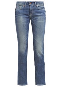 Jeans i denim med en medelblå tvätt, har en rak bendesign, subtil blekning och en klassisk femfickors stil med koppardetaljer.