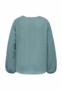 Bluza s dolgimi rokavi v zeleni barvi s zaobljenim ovratnikom in teksturirano tkanino. Ima napihnjene rokave z elastičnimi zapestji in sproščen kroj.