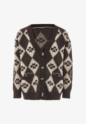 Bruine en crèmekleurige cardigan met een diamantpatroon, met bladmotieven, v-hals, vijf knopen en twee voorzakken.
